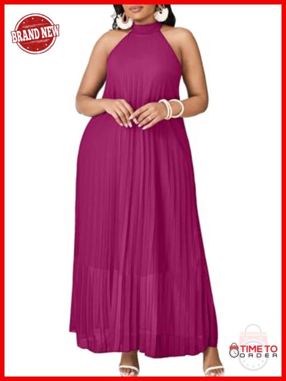 Plus Size Chiffon Maxi Dress Sleeveless Halter Neck Pleated Casual